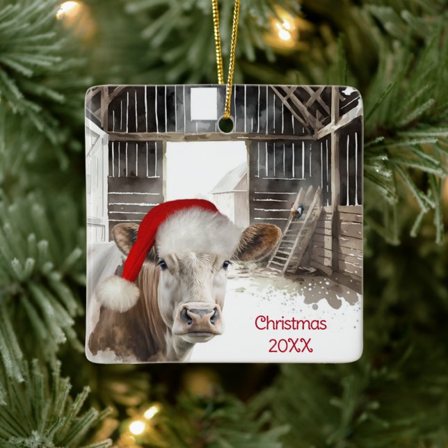 Christmas Hereford Cow In Barn Ceramic Ornament (Tree)
