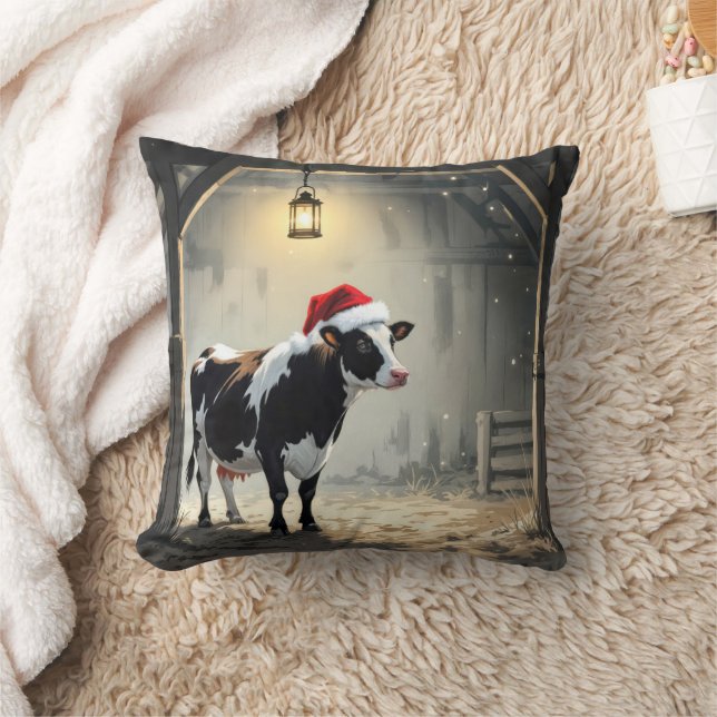 Christmas Hereford Cow In Barn Doorway Throw Pillow (Blanket)