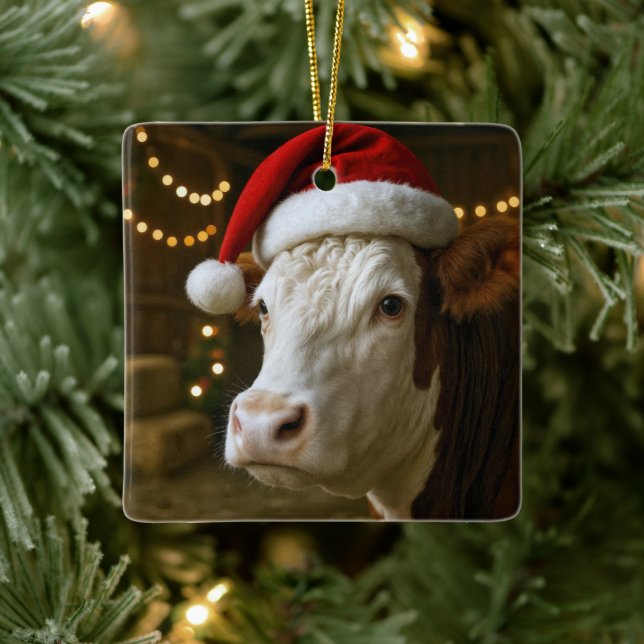 Christmas Hereford Cow Wearing a Santa Hat Ceramic Ornament (Tree)