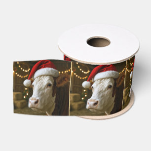 Christmas Hereford Cow Wearing a Santa Hat Grosgrain Ribbon
