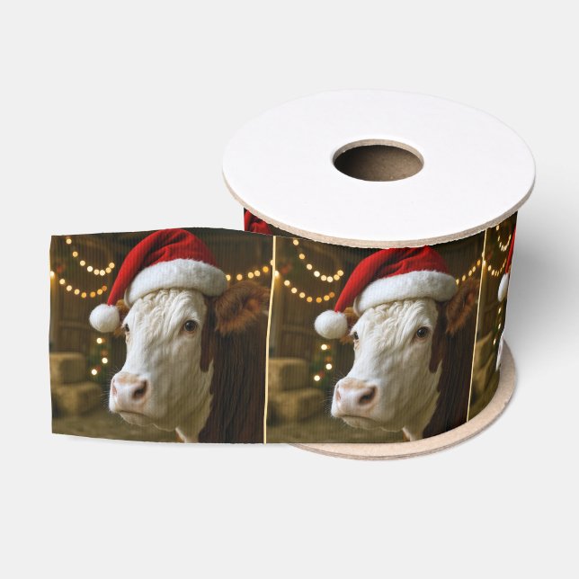 Christmas Hereford Cow Wearing a Santa Hat Grosgrain Ribbon (Spool)