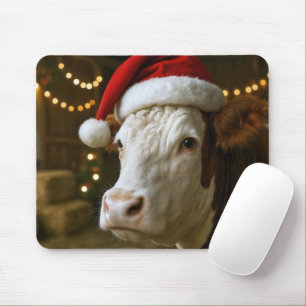 Christmas Hereford Cow Wearing a Santa Hat Mouse Pad