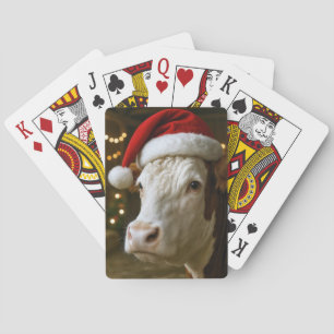 Christmas Hereford Cow Wearing a Santa Hat Playing Cards