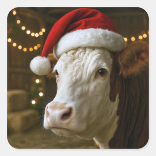 Christmas Hereford Cow Wearing a Santa Hat Square Sticker
