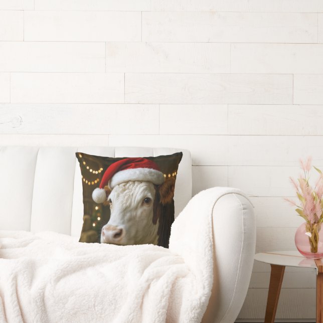 Christmas Hereford Cow Wearing a Santa Hat Throw Pillow (Couch)