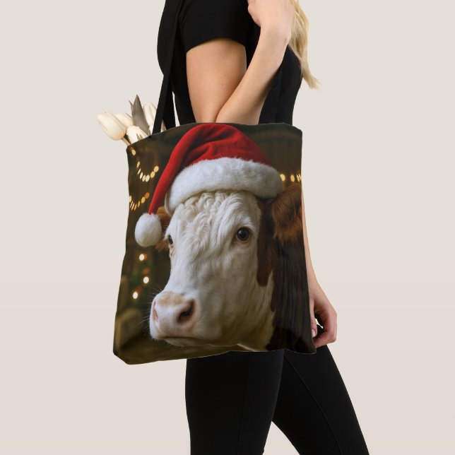 Christmas Hereford Cow Wearing a Santa Hat Tote Bag (Close Up)