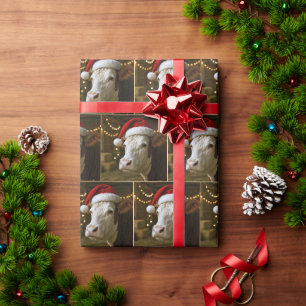 Christmas Hereford Cow Wearing a Santa Hat Wrapping Paper