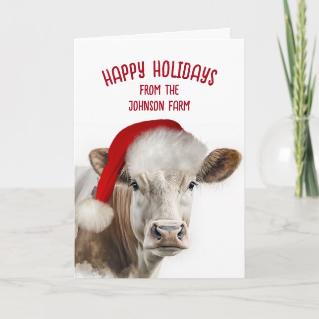 Christmas Hereford Cow With Santa Hat Holiday Card (Front)