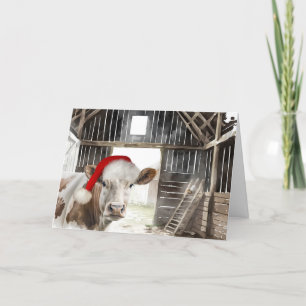 Christmas Hereford Cow with Santa Hat Holiday Card