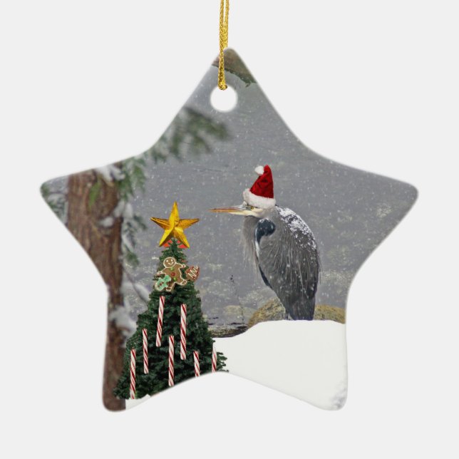 Christmas Heron in Snow Photo Ceramic Ornament (Front)