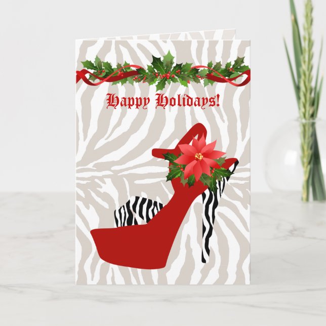 Christmas High Heel Shoe Zebra Red Holiday Card (Front)