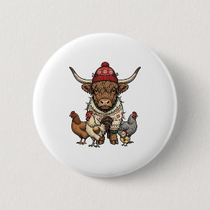 Christmas Highland Cow and Chickens Vintage Engrav 2 Inch Round Button