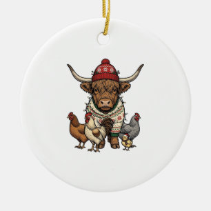 Christmas Highland Cow and Chickens Vintage Engrav Ceramic Ornament