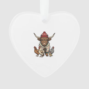 Christmas Highland Cow and Chickens Vintage Engrav Ornament