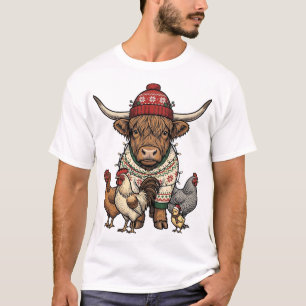 Christmas Highland Cow and Chickens Vintage Engrav T-Shirt