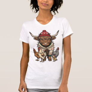 Christmas Highland Cow and Chickens Vintage Engrav T-Shirt