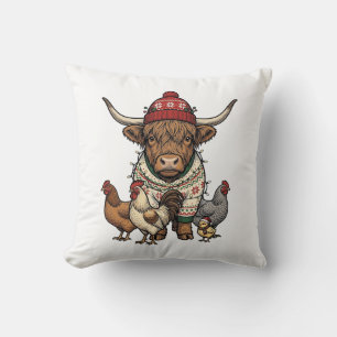 Christmas Highland Cow and Chickens Vintage Engrav Throw Pillow