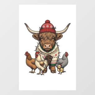 Christmas Highland Cow and Chickens Vintage Engrav Window Cling