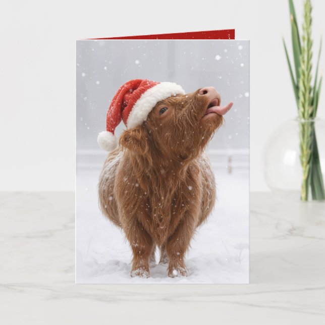 Christmas Highland Cow Catching Snowflakes Card (Front)