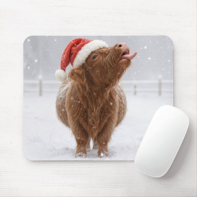 Christmas Highland Cow Catching Snowflakes Mouse Pad (With Mouse)