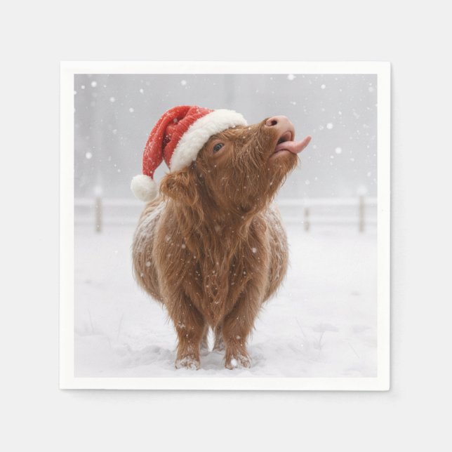 Christmas Highland Cow Catching Snowflakes Napkin (Front)