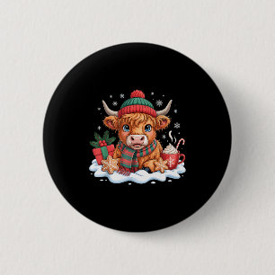 Christmas Highland Cow Cute Heifer Cow Santa Hat M 2 Inch Round Button