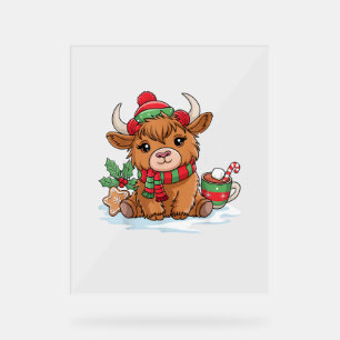 Christmas Highland Cow Cute Heifer Cow Santa Hat M Acrylic Sign