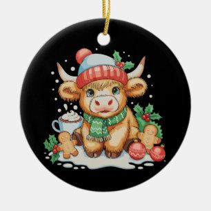 Christmas Highland Cow Cute Heifer Mooey Santa Hat Ceramic Ornament
