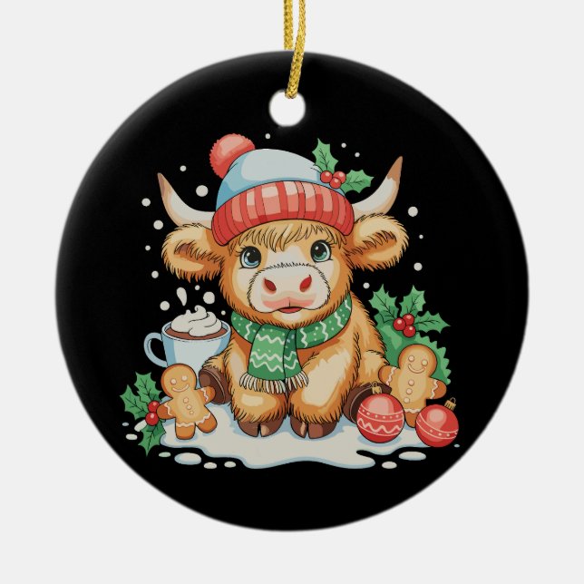 Christmas Highland Cow Cute Heifer Mooey Santa Hat Ceramic Ornament (Front)