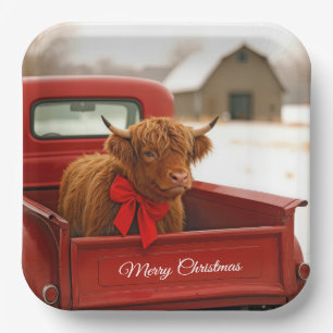 Christmas Highland Cow In Old Red Truck Paper Plate