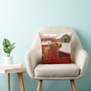 Christmas Highland Cow In Old Red Truck Throw Pillow