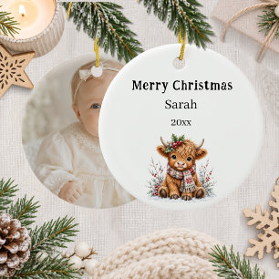Christmas Highland cow photo Girl Ceramic Ornament
