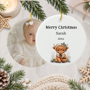 Christmas Highland cow photo Girl Ceramic Ornament