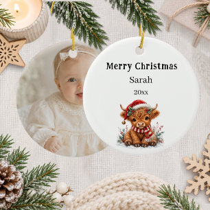 Christmas Highland cow photo kid Ceramic Ornament