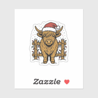 Christmas Highland Cow Santa Hat Vintage Engraving