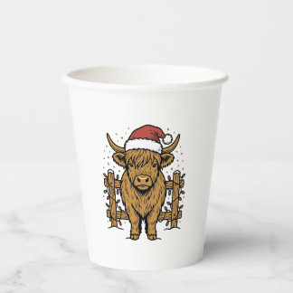 Christmas Highland Cow Santa Hat Vintage Engraving Paper Cups