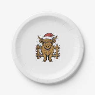 Christmas Highland Cow Santa Hat Vintage Engraving Paper Plate