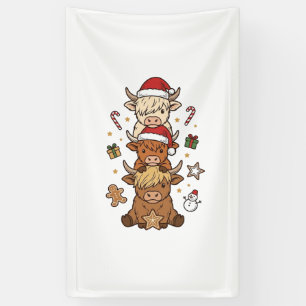 Christmas Highland Cow Stack Vintage Engraving Des Banner