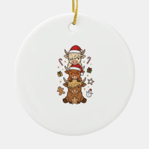 Christmas Highland Cow Stack Vintage Engraving Des Ceramic Ornament