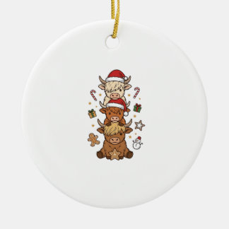 Christmas Highland Cow Stack Vintage Engraving Des Ceramic Ornament