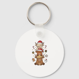 Christmas Highland Cow Stack Vintage Engraving Des Keychain