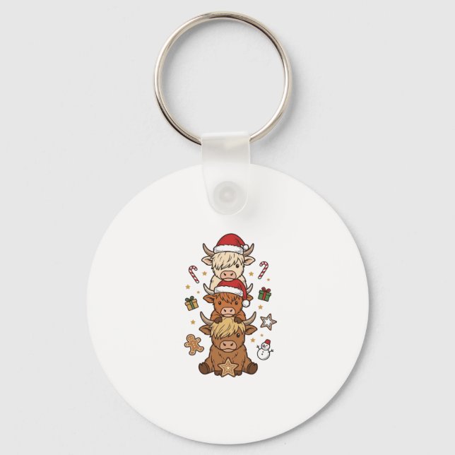 Christmas Highland Cow Stack Vintage Engraving Des Keychain (Front)