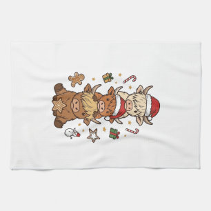 Christmas Highland Cow Stack Vintage Engraving Des Kitchen Towel