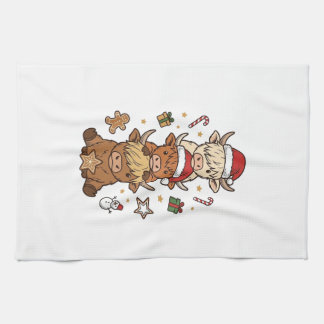 Christmas Highland Cow Stack Vintage Engraving Des Kitchen Towel