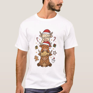 Christmas Highland Cow Stack Vintage Engraving Des T-Shirt