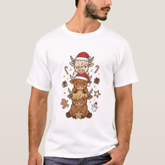 Christmas Highland Cow Stack Vintage Engraving Des T-Shirt