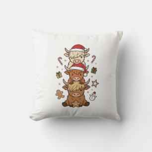 Christmas Highland Cow Stack Vintage Engraving Des Throw Pillow