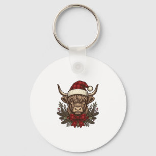 Christmas Highland Cow Vintage Engraving Design_1 Keychain
