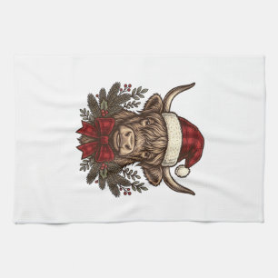 Christmas Highland Cow Vintage Engraving Design_1 Kitchen Towel