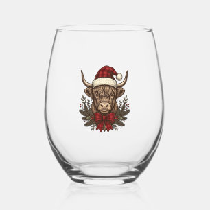 Christmas Highland Cow Vintage Engraving Design_1 Stemless Wine Glass